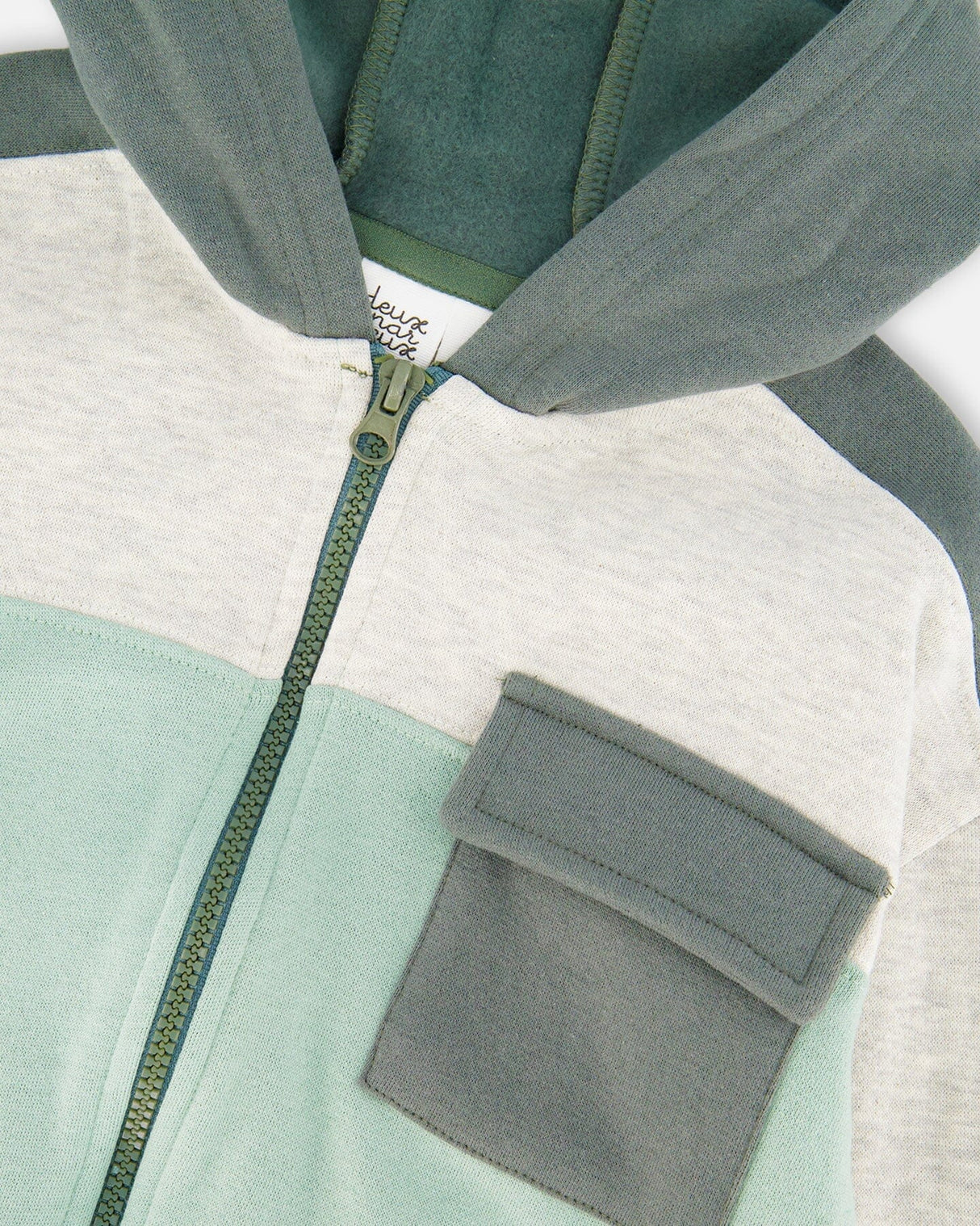 Full Zip Fleece Color Block Sweatshirt Green Gray-3