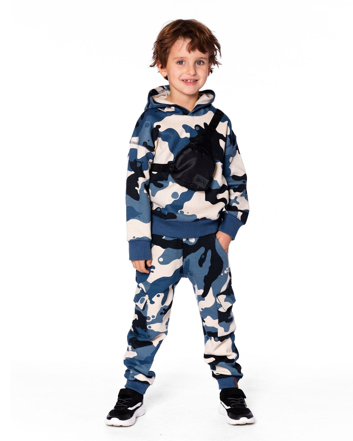 Hooded Fleece Sweatshirt With Crossbody Bag Blue Camouflage-1