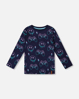 Long Sleeve Organic Cotton Allover Print Tee Navy Blue-0