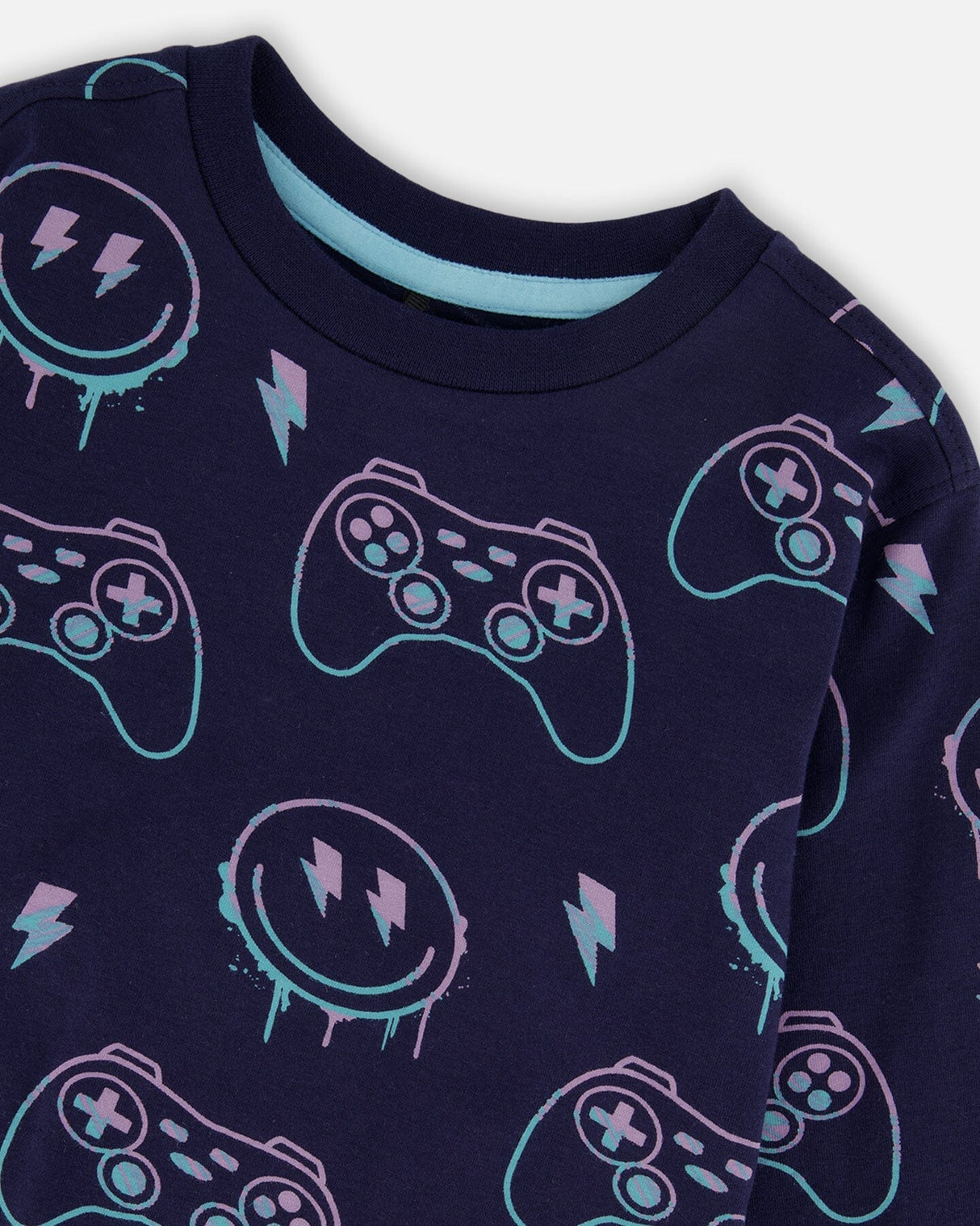 Long Sleeve Organic Cotton Allover Print Tee Navy Blue-3