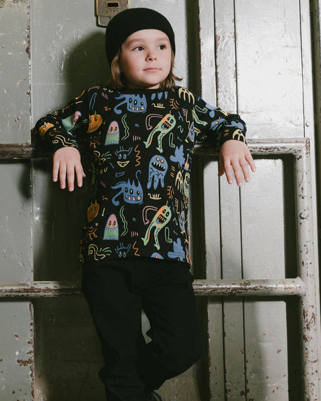 Long Sleeve Organic Cotton Allover Monsters Print Tee-1