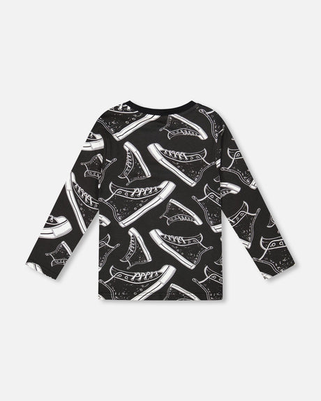 Long Sleeve Organic Cotton Allover Print Tee Black-2