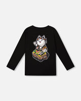 Long Sleeve Jersey Tee Shirt Black With Print Back & Front-2