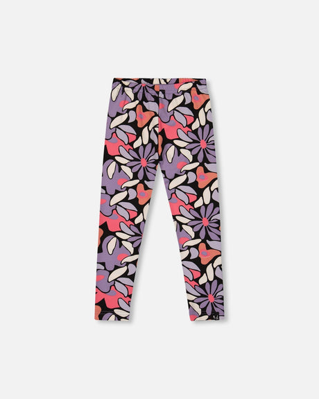 Stretch Jersey Leggings Black Retro Flower Print-0