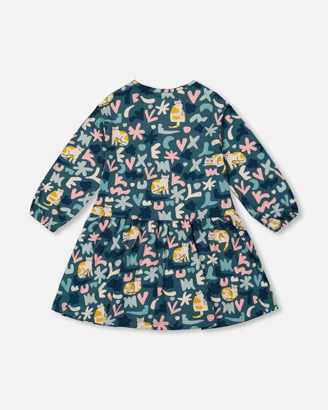 Jersey Dress Green Cat Print-2