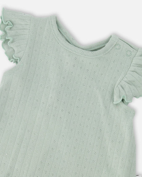 Pointelle Top And Organic Cotton Jersey Short Set Green And Peach Deer Print-3