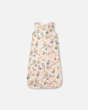Deux par Deux organic cotton jersey muslin sleep sack in peach deer print, front view