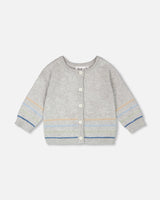 Cotton Knit Striped Button Front Cardigan Light Heather Grey-0