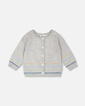 Cotton Knit Striped Button Front Cardigan Light Heather Grey-0