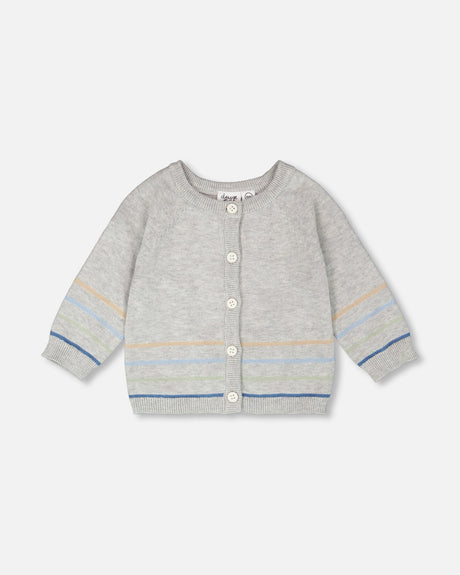 Cotton Knit Striped Button Front Cardigan Light Heather Grey-0