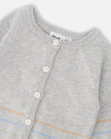 Cotton Knit Striped Button Front Cardigan Light Heather Grey-2
