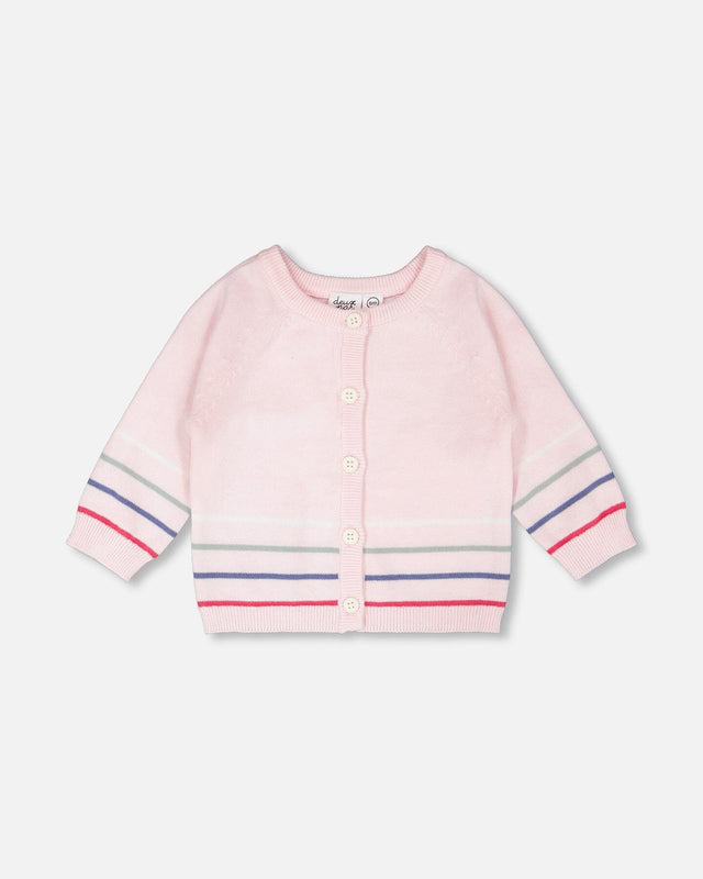Cotton Knit Striped Button Front Cardigan Light Pink-0