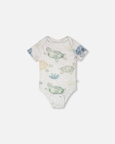 Evolutive Organic Cotton Jersey Onesie Grey Mix Turtle Print-1
