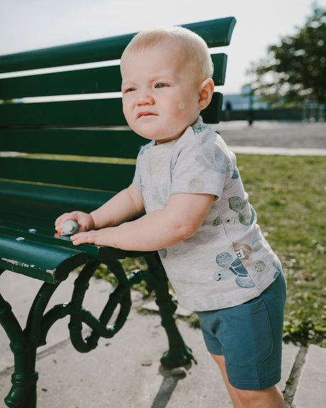 Jersey T-Shirt And Organic Cotton Jersey Shorts Set Grey Mix Turtle Print And Medium Blue-1