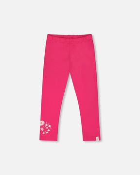 Deux par Deux bright pink leggings with an elastic waistband and a small white and pink flower motif near one hem
