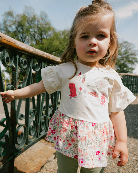 Organic Cotton Bi-Material Tunic Beige Flowers Print-1