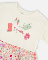 Organic Cotton Bi-Material Tunic Beige Flowers Print-4