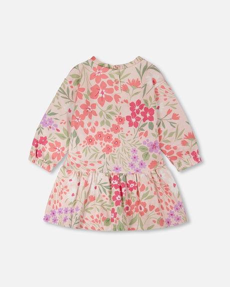 French Terry Dress Pink Printed Flowers-2