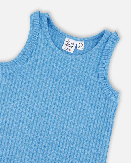 Close-up of the ribbed texture and scoop neckline on the blue tank top