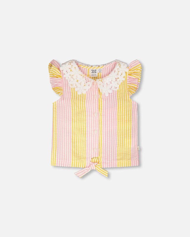 Sleeveless Shirt Pink And Yellow Stripes With Crochet Collar-0