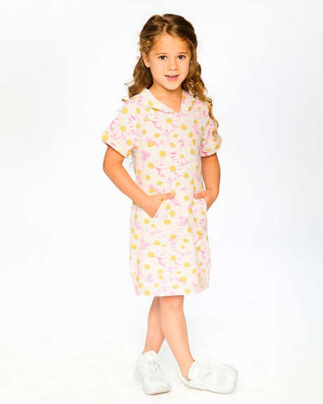 French Terry Hooded Dress Pink Printed Daisies-1