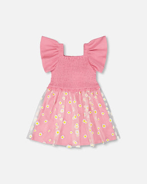 Mesh And Crinkle Jersey Dress With Smocking Pink-0