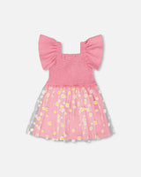 Mesh And Crinkle Jersey Dress With Smocking Pink-2