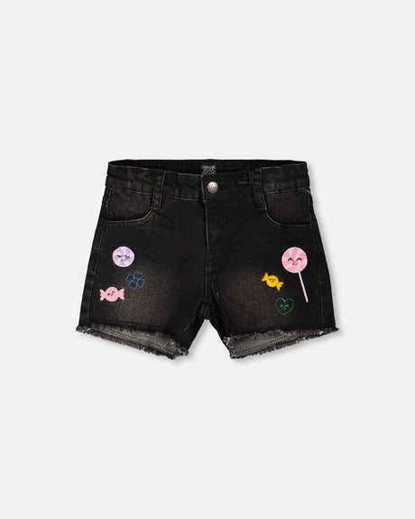 Black Denim Shorts With Embroidery-0