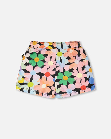 Jersey Shorts Black Printed Flowers-2