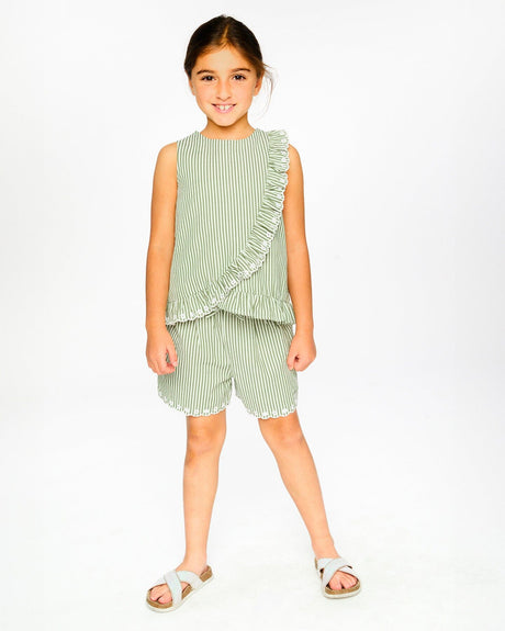 Top Green & Off White Stripes With Embroidered Ruffle-1