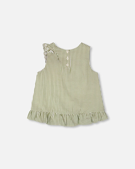 Top Green & Off White Stripes With Embroidered Ruffle-2