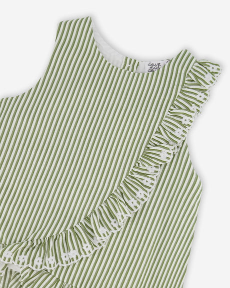 Top Green & Off White Stripes With Embroidered Ruffle-3