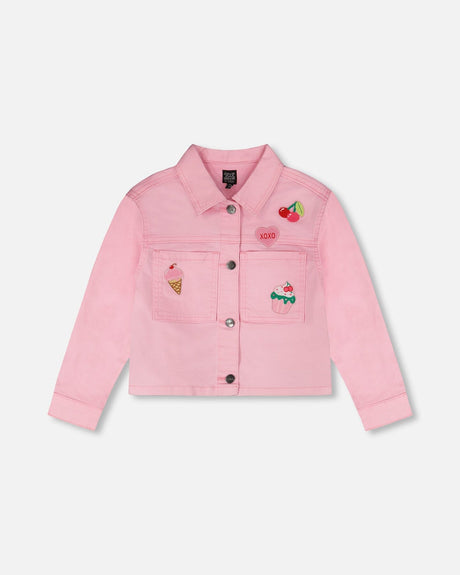 Pink Denim Jacket With Embroidered Patches-0