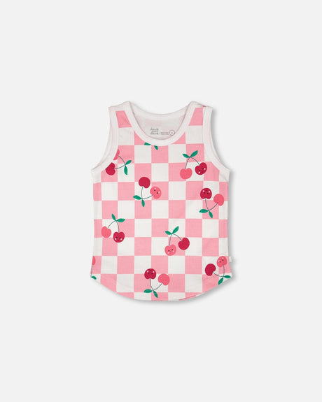 Organic Cotton Jersey Tank Top Pink Printed Cherries-0