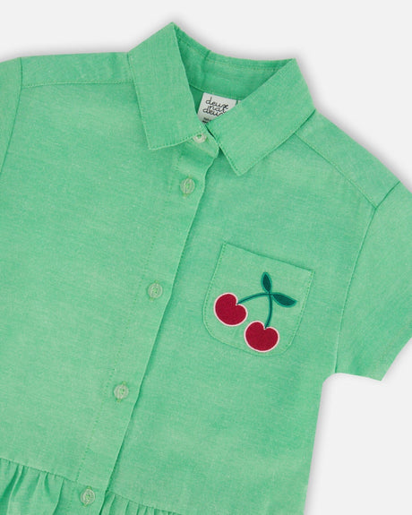 Cotton Shirt Dress With Embroidery Green-3