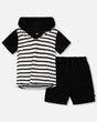 Hooded Terry T-Shirt With Shorts Set Black And White Stripes-0
