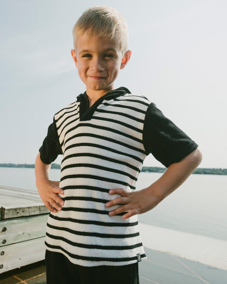 Hooded Terry T-Shirt With Shorts Set Black And White Stripes-1