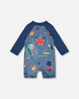 Baby And Toddler One-Piece Long Sleeve Rashguard Blue Printed Marine Animals-3