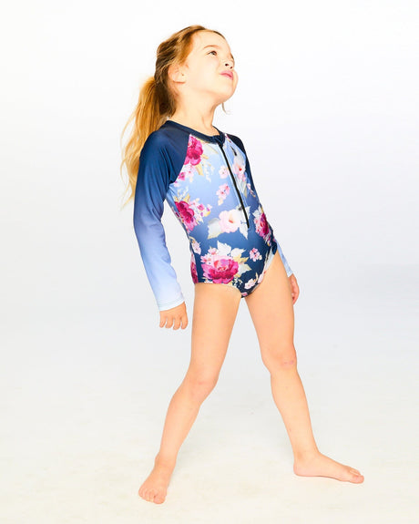 One-Piece Long Sleeve Rashguard Blue Rose Print-2
