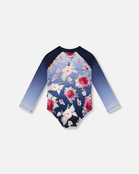 One-Piece Long Sleeve Rashguard Blue Rose Print-3