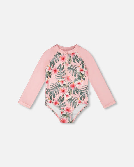 One-Piece Long Sleeve Rashguard Pink Hibiscus Print-0