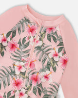 One-Piece Long Sleeve Rashguard Pink Hibiscus Print-4