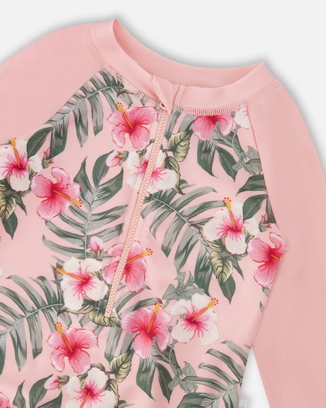 One-Piece Long Sleeve Rashguard Pink Hibiscus Print-4