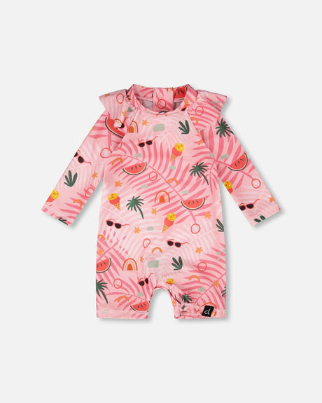 Baby And Toddler One-Piece Long Sleeve Rashguard Pink Beach Print-0