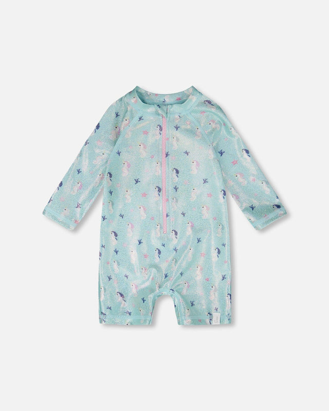 Baby And Toddler One-Piece Long Sleeve Rashguard Blue Seahorse Print-0
