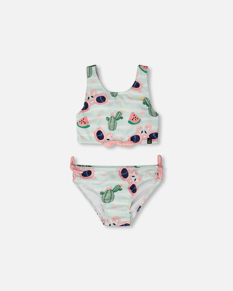 Two-Piece Swimsuit Blue Flamingo And Cactus Print-0
