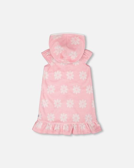 Terry Cloth Beach Hoodie Dress Pink Printed Flowers-2