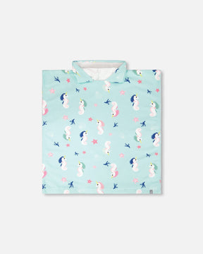 Hooded Beach Towel Blue Seahorse Print-0
