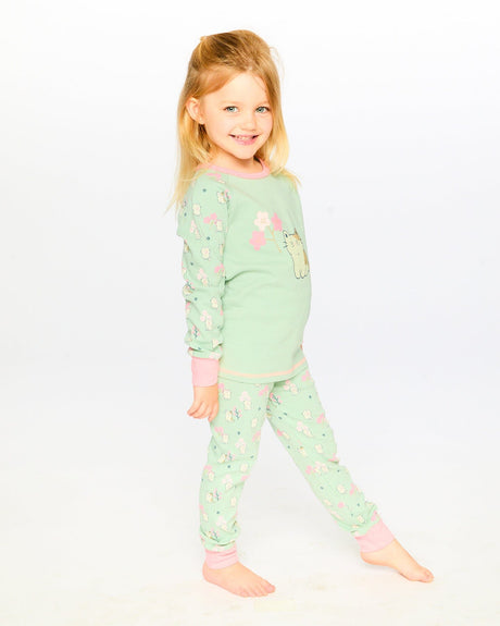 Organic Cotton Two-Piece Pyjama Set Green Kitten Print-1