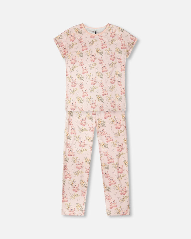 Deux par Deux women's pale pink teddy bear pajama set, top and pants front view